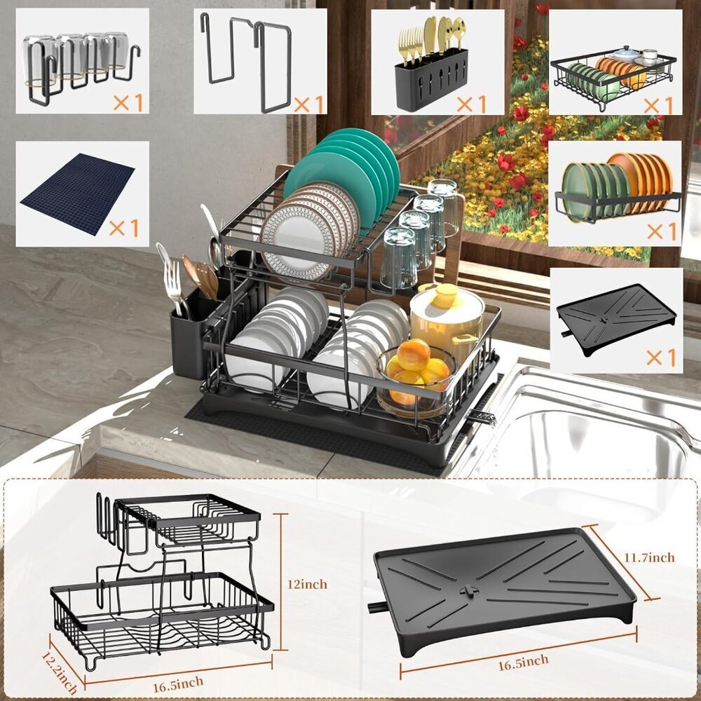 Dish Drying Rack, 2-Tier Dish Rack with Auto-Drain & Mat, Dish Racks for Kitchen - Picture 2 of 7